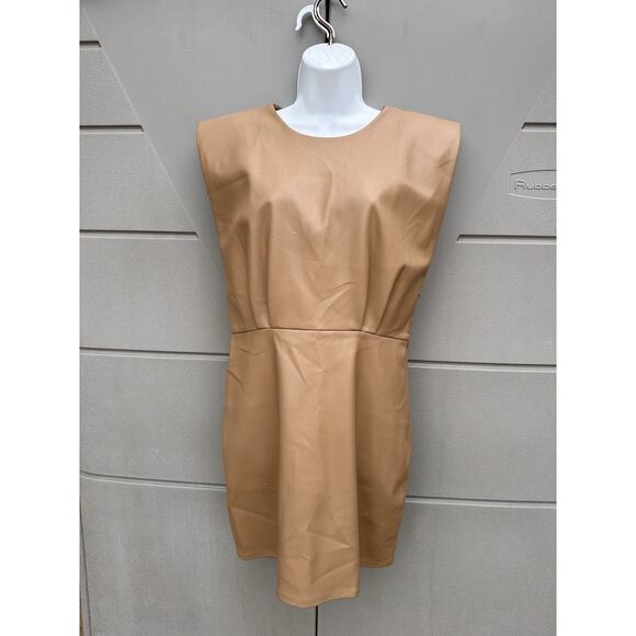 ZARA Faux Leather Shoulder Pads Sleeveles Tan Mini Dress Sz L Bloggers Favorite - Picture 3 of 16